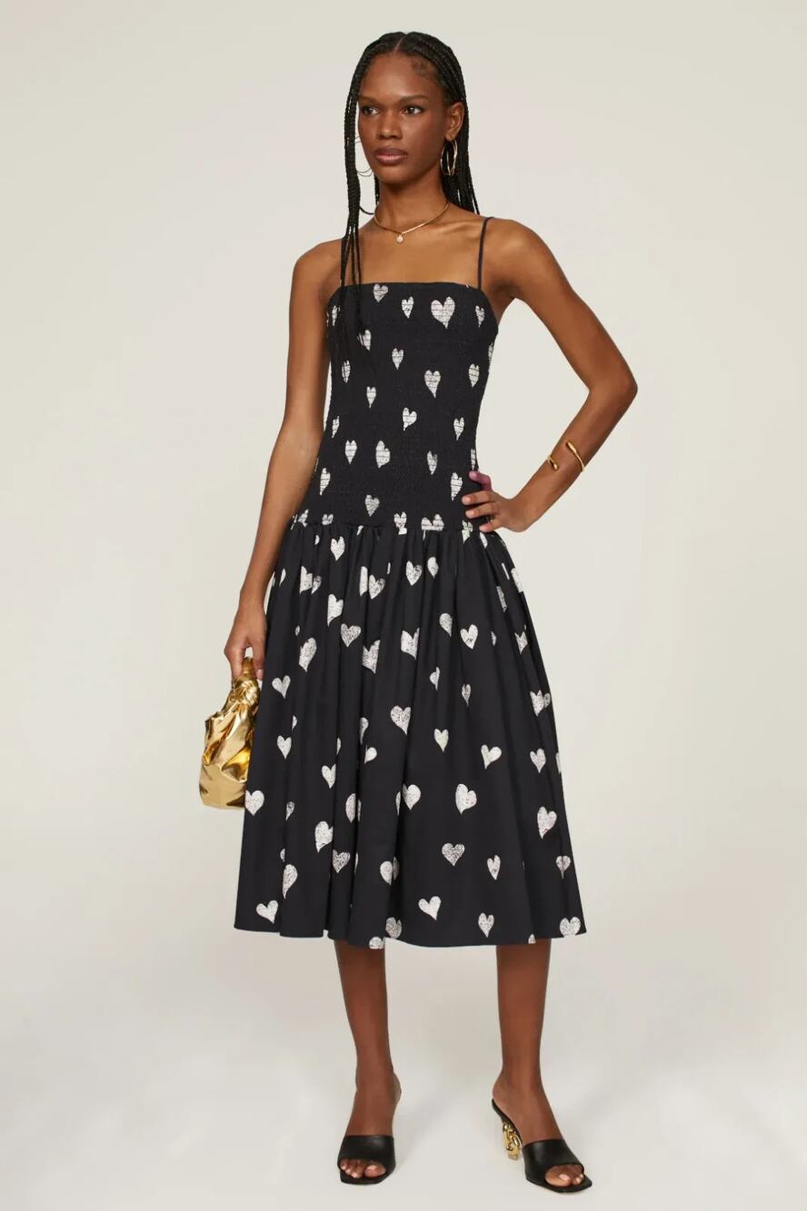 Autumn Adeigbo Winne Black Heart Print Smocked A-Line Square Neck Midi Dress 2